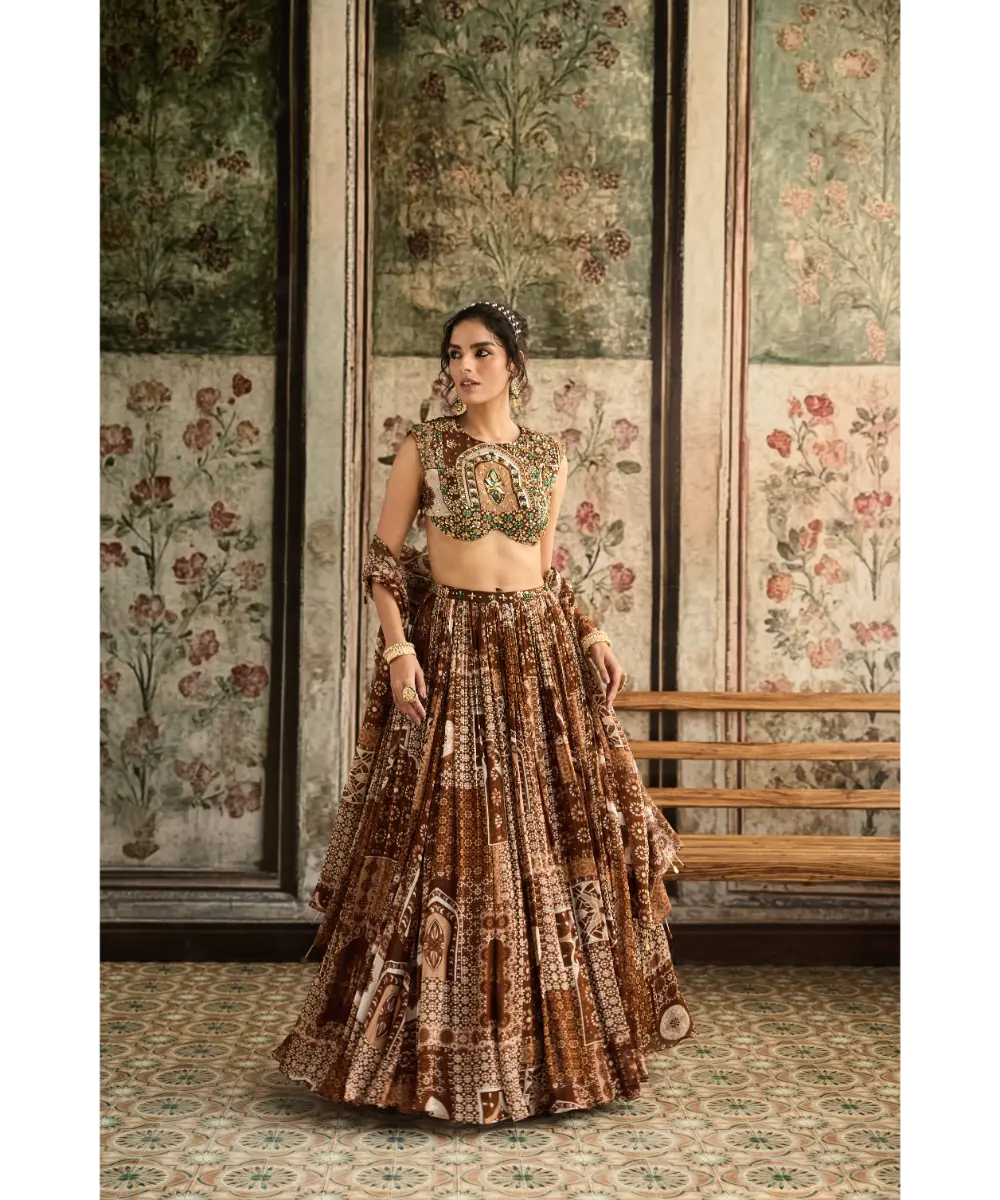 DIYARAJVVIR - Caramel Print and Highlighted Blouse and Lehenga Set